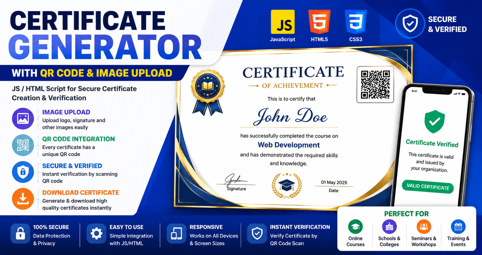 Certificate Generator with QR Code & Image Upload – JS /HTML Script for Secure Certificate Creation & Verification