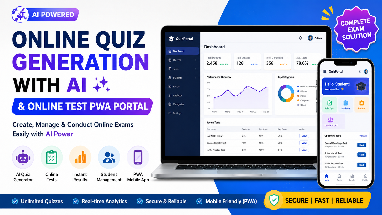 Online Quiz Generation with AI and  Online Test PWA Portal